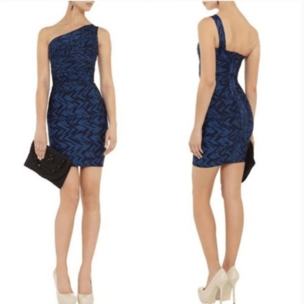 Herve Leger Dagny Bandage One Shoulder Bodycon Mini Dress Carbon Blue Sz Large